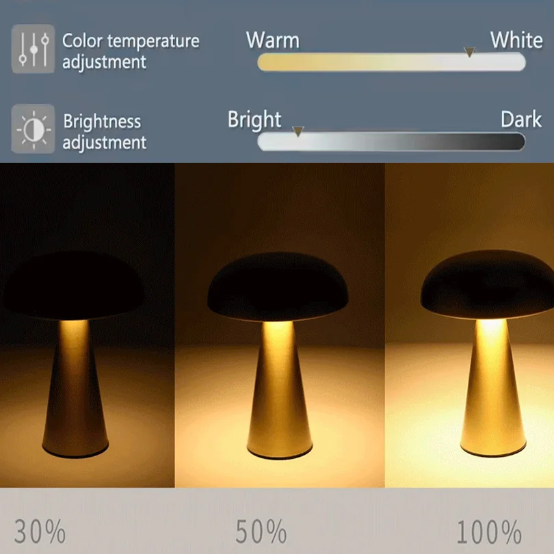 LumeSteel Mushroom Touch Lamp – Modern Rechargeable Metal Table Light with Warm Dimming - Image 2