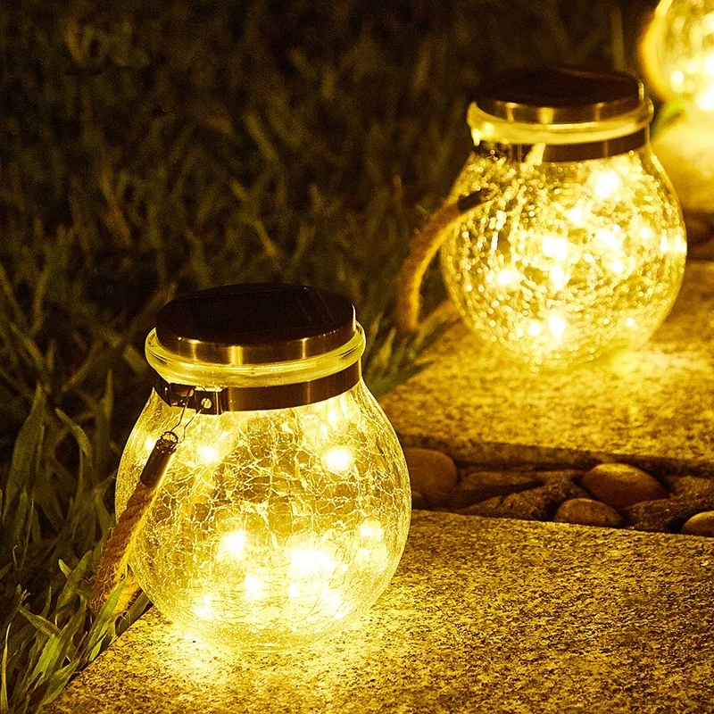 AmberGlow Cracked Glass Solar Lantern – Warm Hanging Garden Light for Outdoor Decor - Image 6